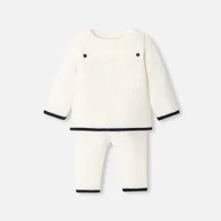 Jacadi Spieler, Latzhosen, Ensembles>Ensemble für Babys aus Wolle in Krausstrick WEICHES JACADI WEISS