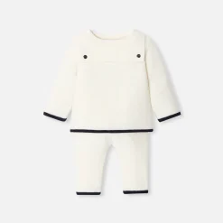 Jacadi Spieler, Latzhosen, Ensembles>Ensemble für Babys aus Wolle in Krausstrick WEICHES JACADI WEISS