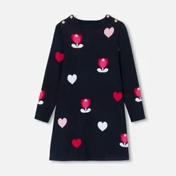 Jacadi Kleider & Röcke>Kleid für Mädchen, Jacquard-Blumen- und Herzmuster BLAU/MEHRFARBIG