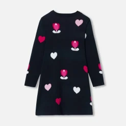 Jacadi Kleider & Röcke>Kleid für Mädchen, Jacquard-Blumen- und Herzmuster BLAU/MEHRFARBIG